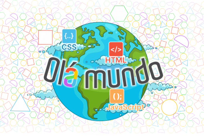 Imagem com figuras geométricas ao fundo e uma figura do planeta Terra a frente, com a inscrição Olá Mundo em letras coloridas